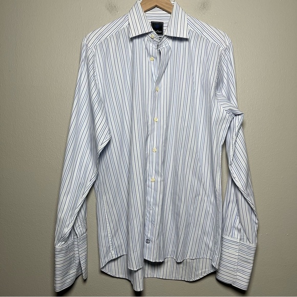 David Donahue Men Button‎ Down Dress Shirt 16 White Stripe 34/35 Long Sleeve - Picture 1 of 9